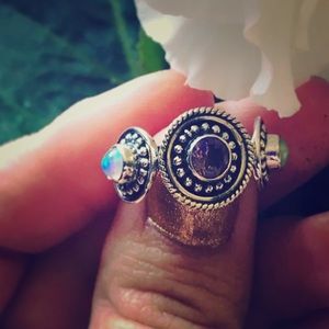 Sterling silver, welo opal, amethyst ring size 6